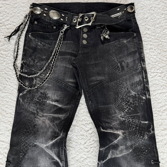 Tornado Mart Snakeskin Imprint Flared Lace Up Jeans