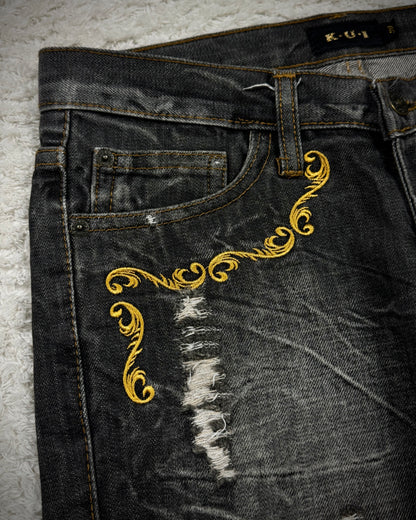 K.U.I Tribal Embroidery Distressed Bootcut Jeans