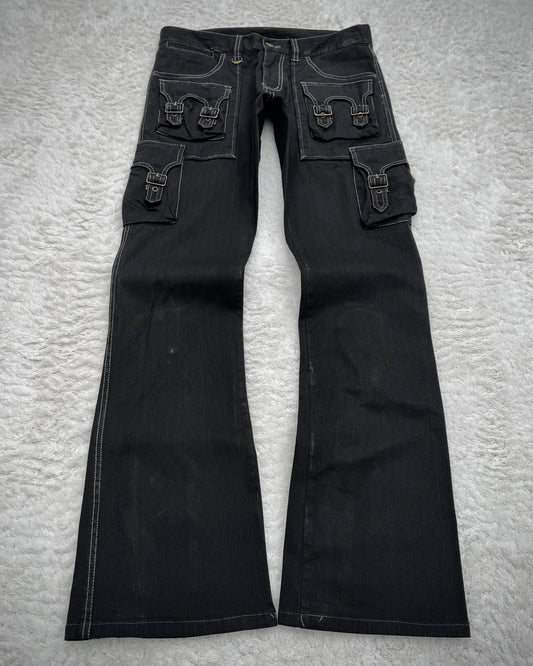 Tornado Mart Pin Striped Backlace Belted Flared Cargo Pants