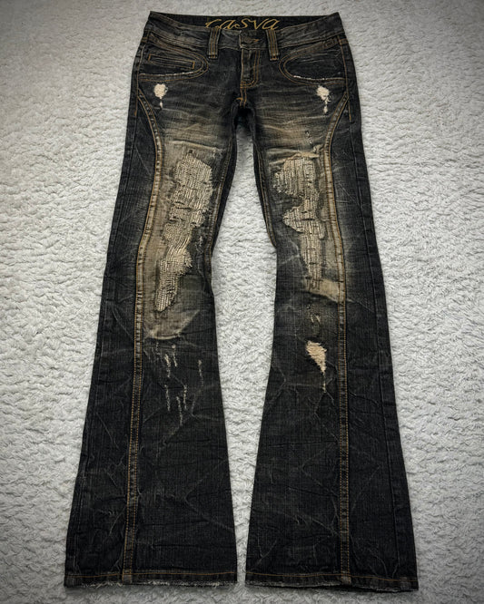 Casva Stitch Repaired Mud Washed Flared Jeans
