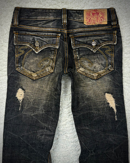 Casva Stitch Repaired Mud Washed Flared Jeans