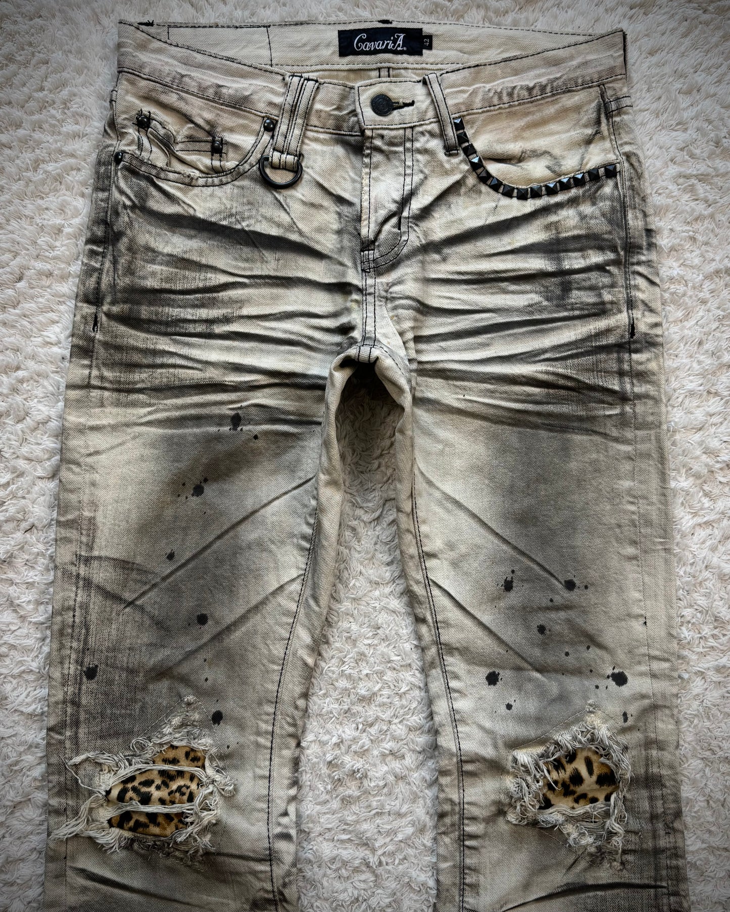 CavariA Leopard Repaired Clawmarks Washed Bootcut Jeans