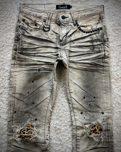 CavariA Leopard Repaired Clawmarks Washed Bootcut Jeans
