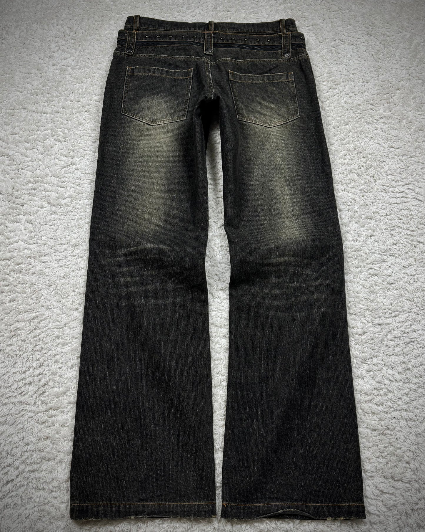 In The Attic Double Waisted Studded Lace Up Flared Jeans