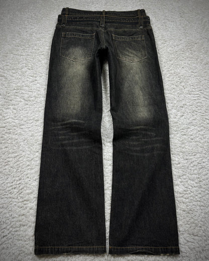 In The Attic Double Waisted Studded Lace Up Flared Jeans