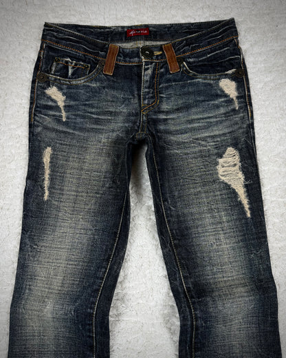 Maraxia Vintage Leather Flap Tassel Pocket Flared Jeans