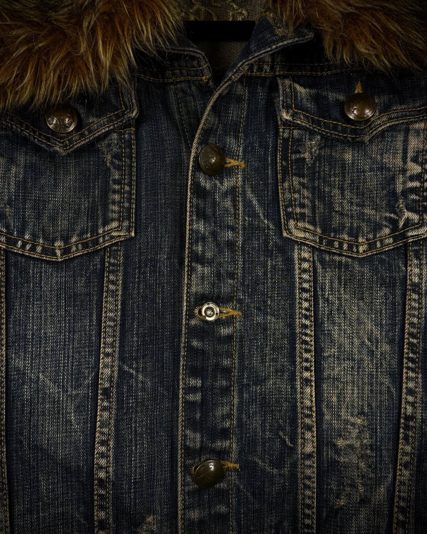 Lagust Studded Fur Collar Denim Jacket