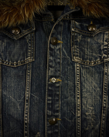 Lagust Studded Fur Collar Denim Jacket
