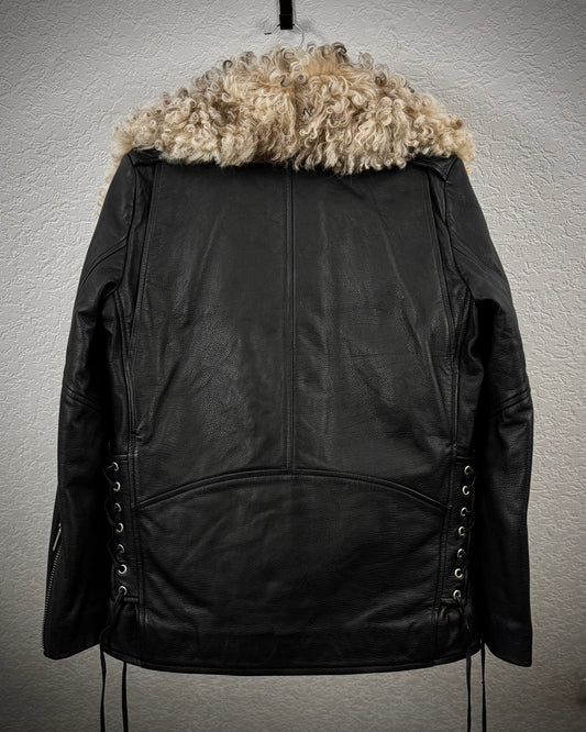 La Belle Vie Curly Fur Lace Up Leather Jacket