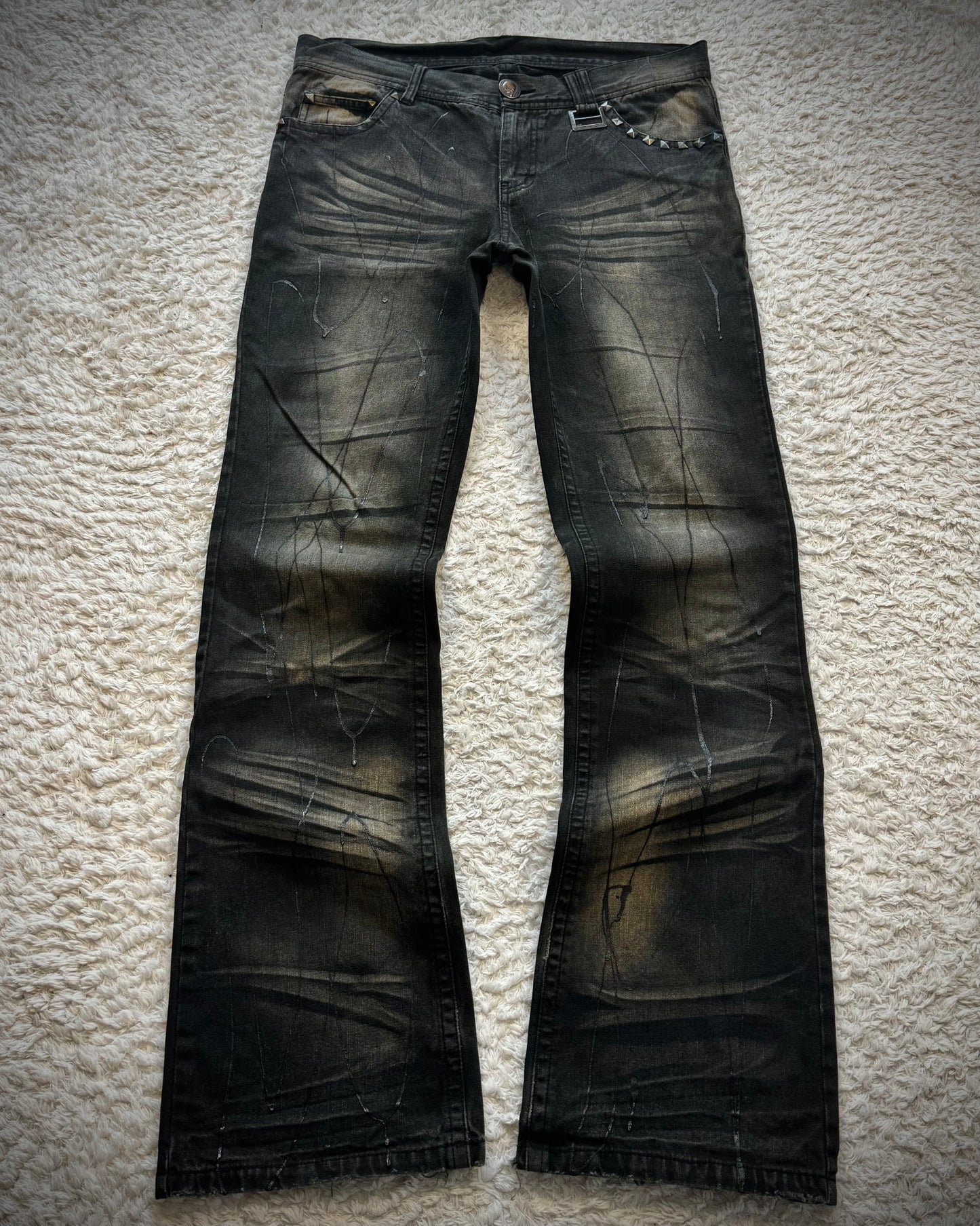 Xfrm Whiskered Paint Splatter Studded Bootcut Jeans