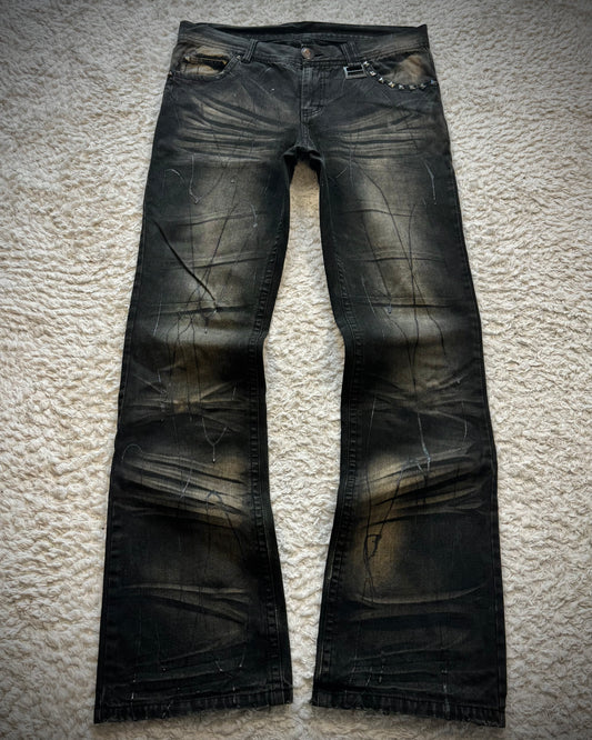 Xfrm Whiskered Paint Splatter Studded Bootcut Jeans