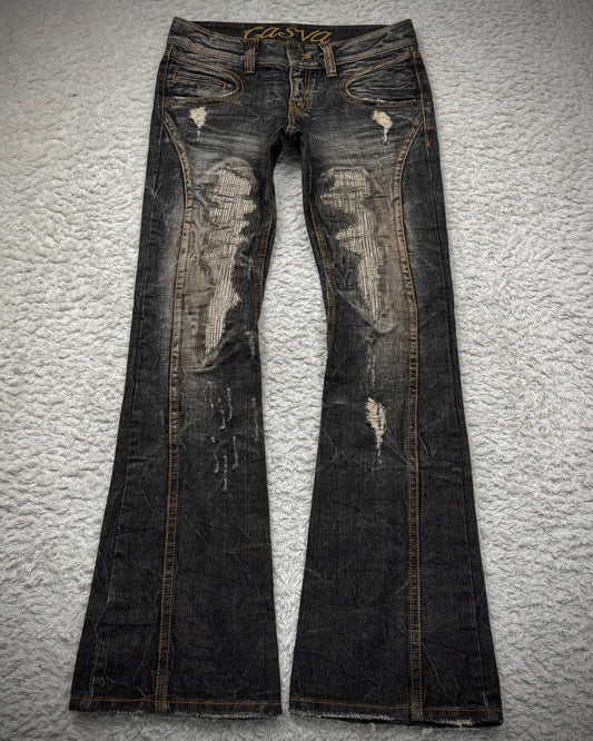 Casva Stitch Repaired Mud Washed Flared Jeans