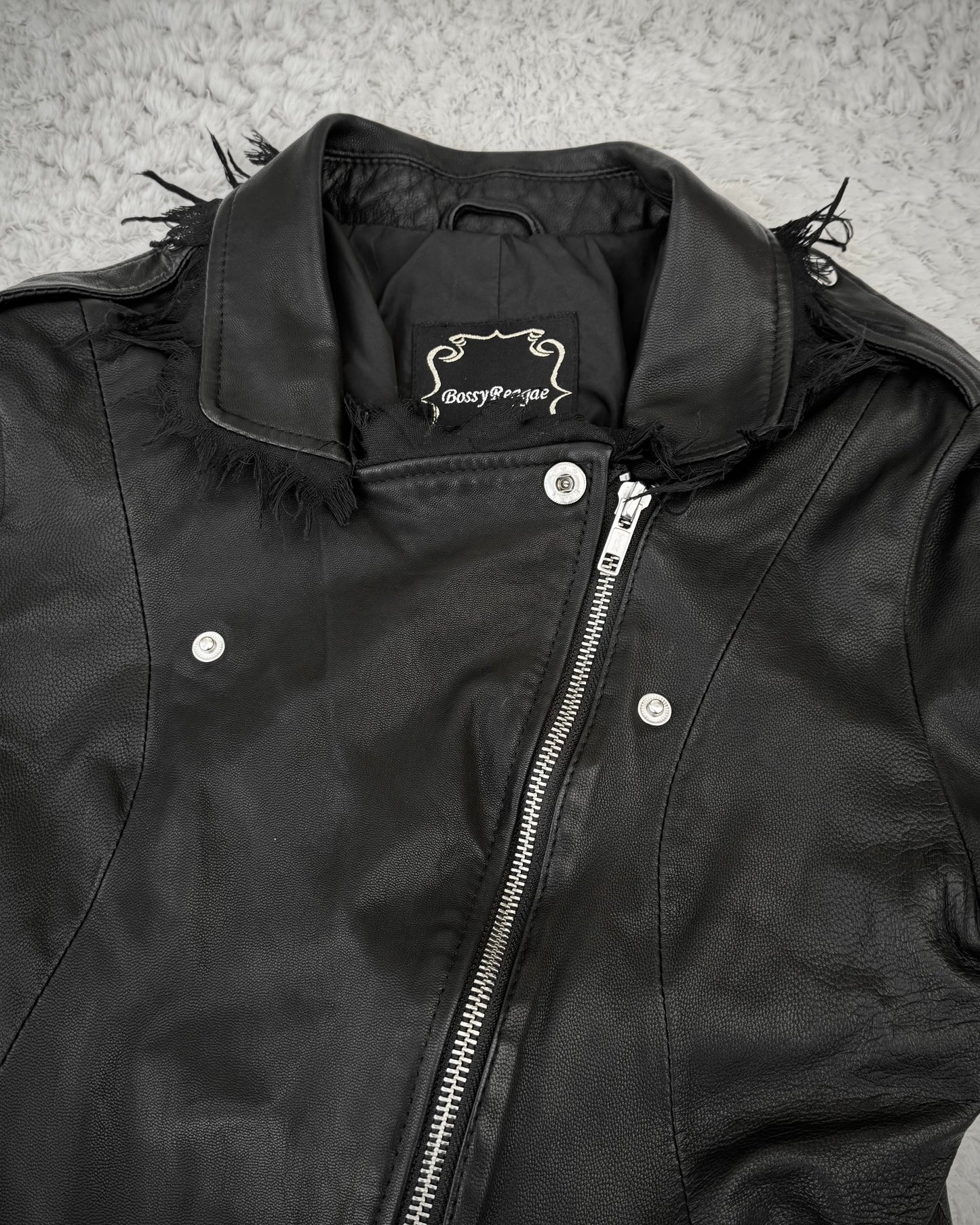 Bossy Raggae Raw Asymmetrical Cut Frayed Leather Jacket
