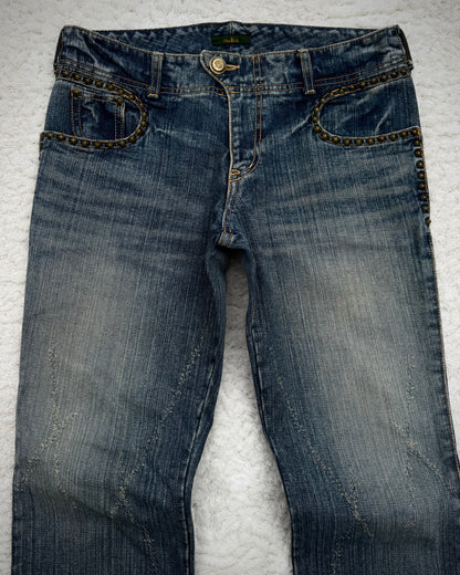 Obelisk Studded Distressed Design Flared Jeans