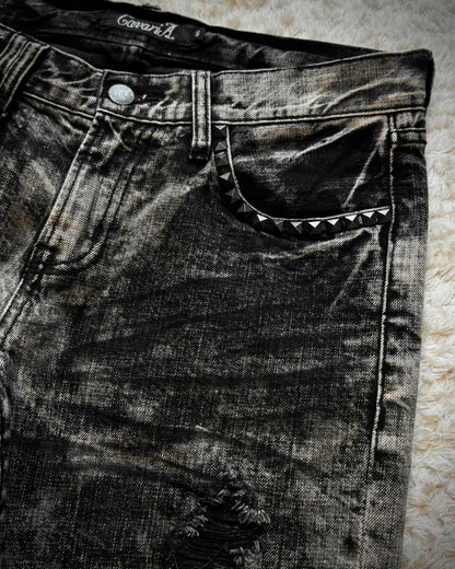 CavariA Ash Clawmarks Washed Studded Flared Jeans
