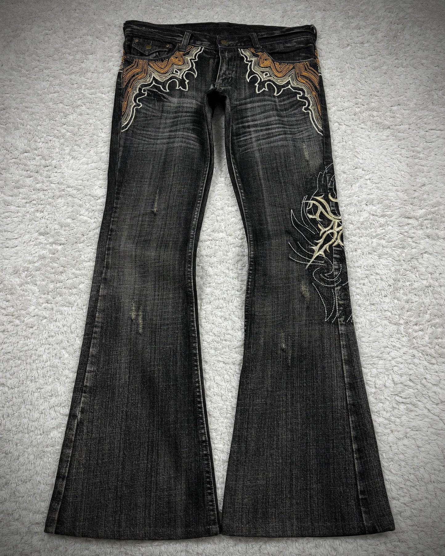 Tornado Mart Cyber Tribal Embroidery Flared Jeans