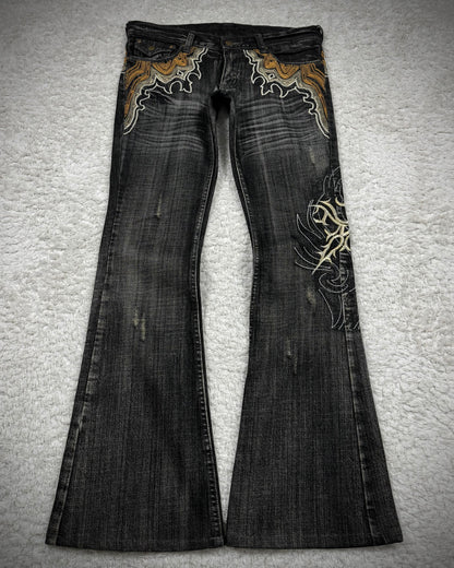 Tornado Mart Cyber Tribal Embroidery Flared Jeans