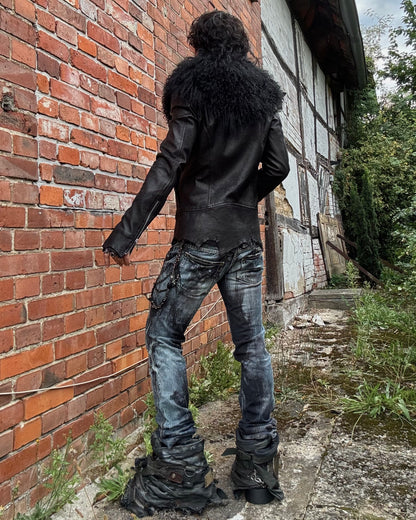14th Addiction Mouton Fur Cross Zip Leather Jacket