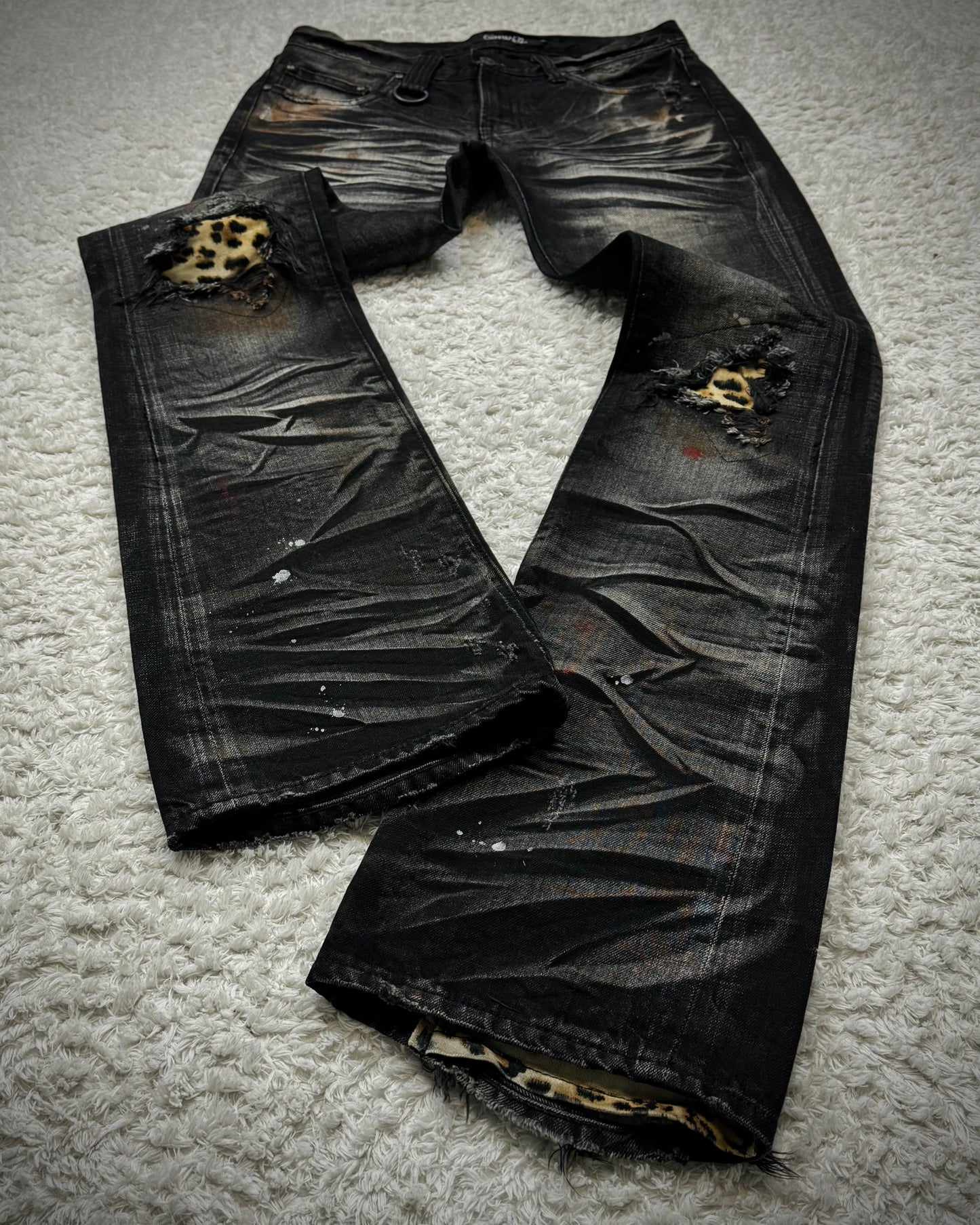 CavariA Leopard Repaired Clawmarks Washed Bootcut Jeans