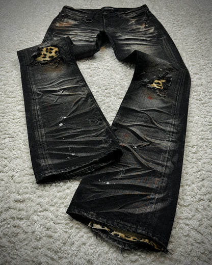 CavariA Leopard Repaired Clawmarks Washed Bootcut Jeans
