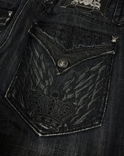 Rebel Spirit Crown Embroidered Flap Pockets Bootcut Denim