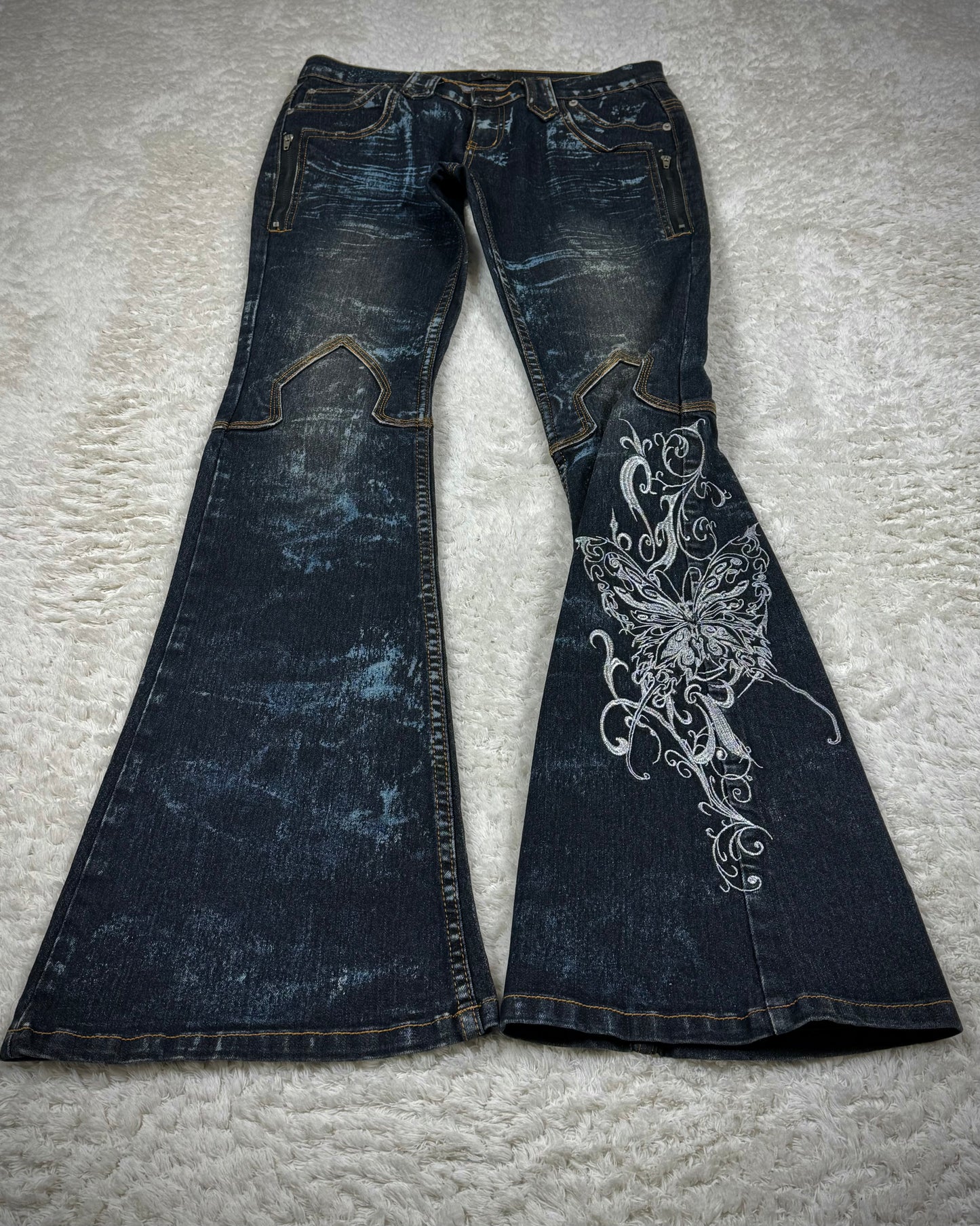 Sixh Tribal Tattoo Embroidery Flared Jeans