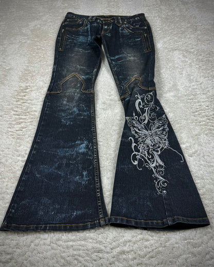 Sixh Tribal Tattoo Embroidery Flared Jeans
