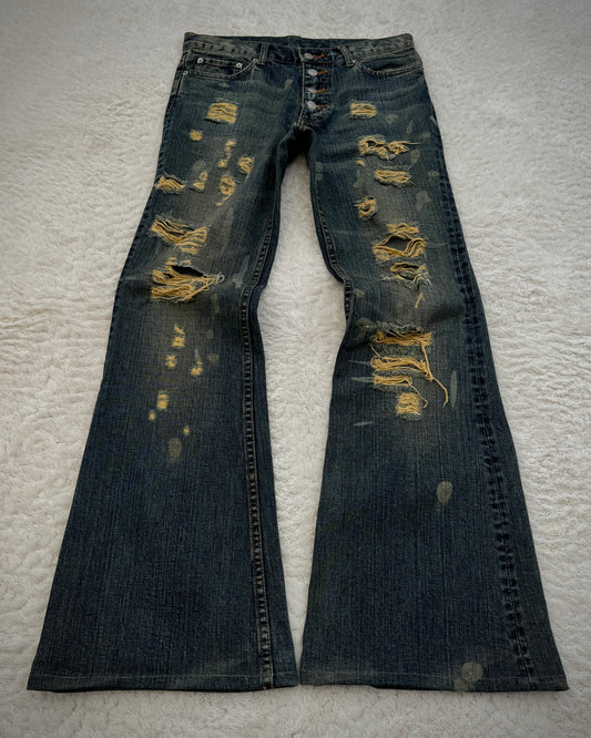 Tornado Mart Mud Washed Crash Distressed Flared Jeans