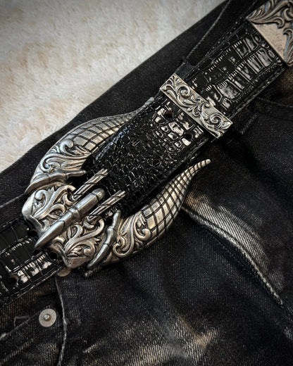 Crocodile Textured Western Buckle Glossy Leather Belt