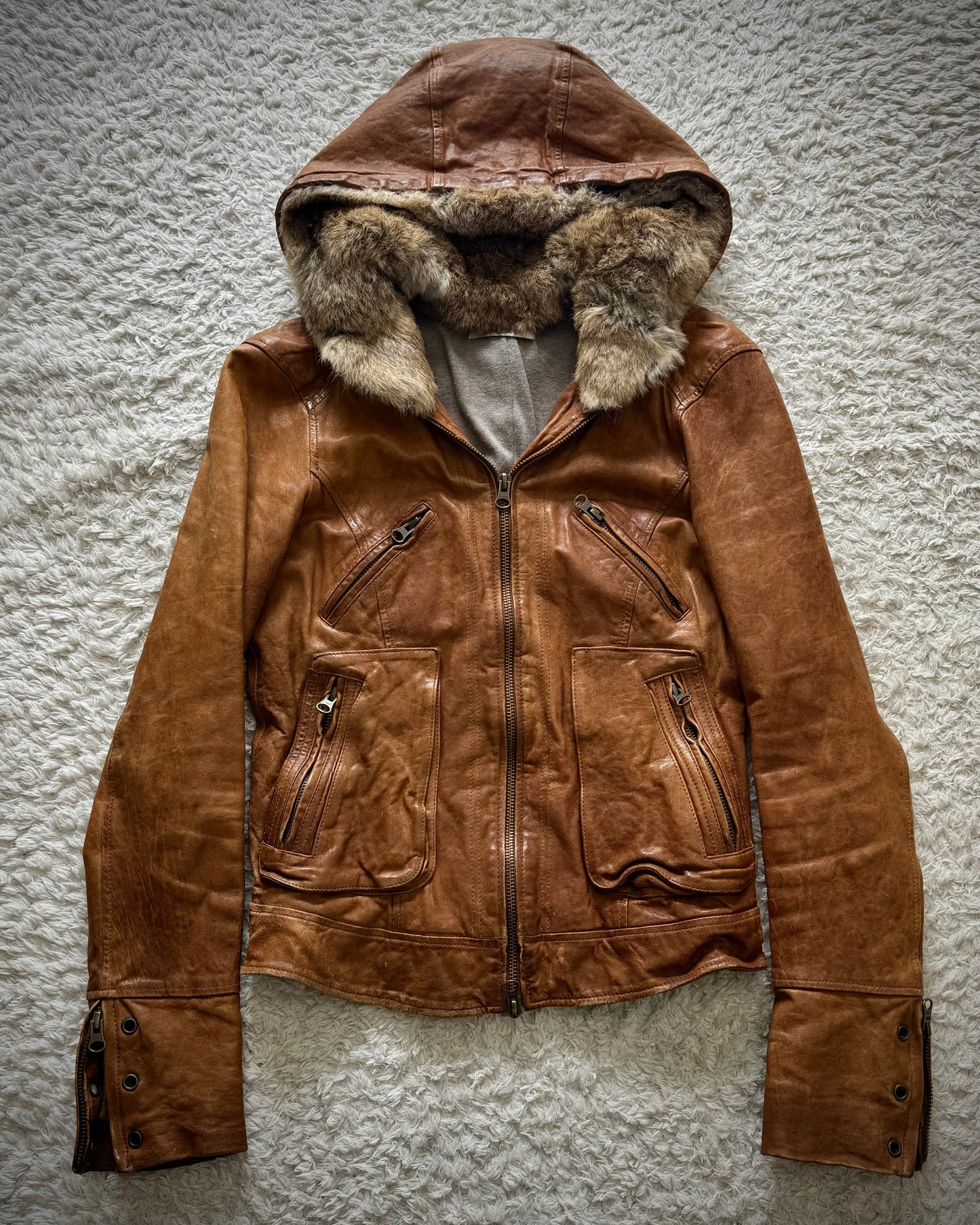 Scot Club Rabbit Fur Hooded Leather Jacket