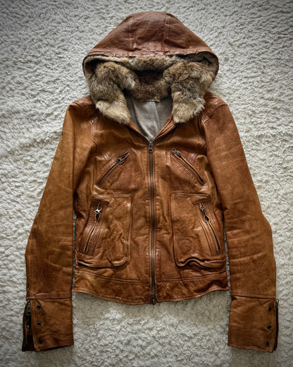 Scot Club Rabbit Fur Hooded Leather Jacket