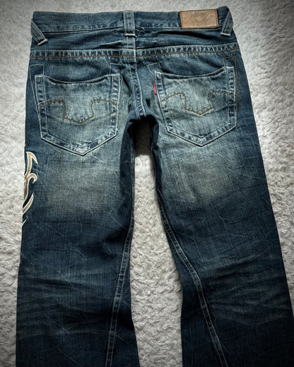 Tornado Mart Tribal Embroidery Spiral Flared Jeans