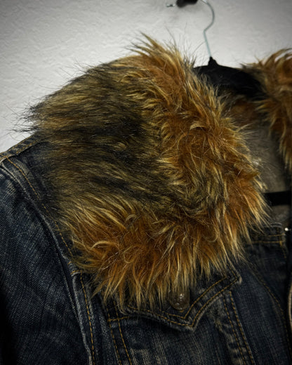 Lagust Studded Fur Collar Denim Jacket
