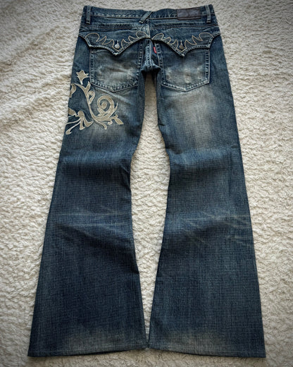 Tornado Mart Tribal Embroidery Spiral Flared Jeans