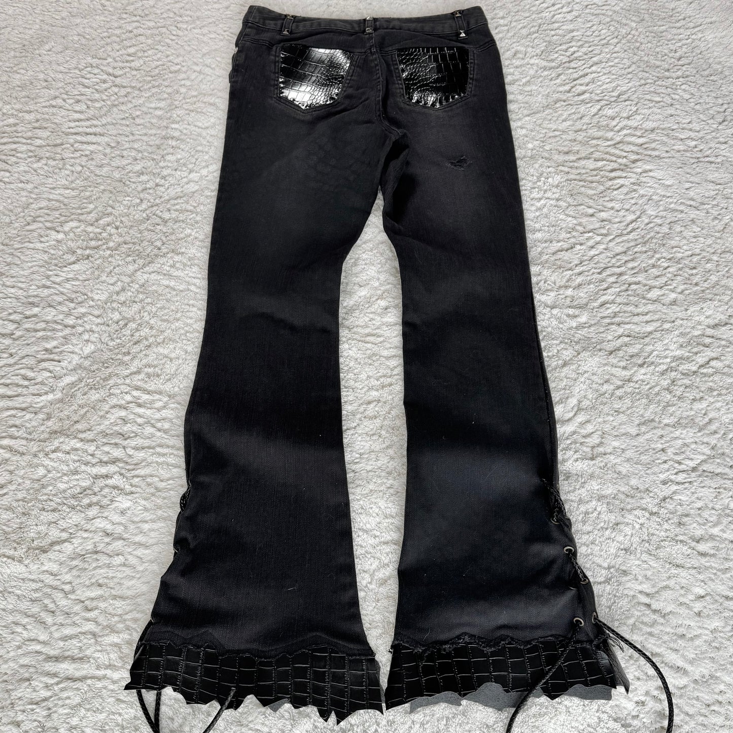 Unbranded Croc Detailed Flared Lace Up Jeans