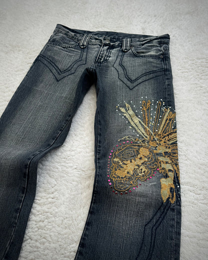 Tornado Mart Tribe Skull Embroidery Flared Jeans