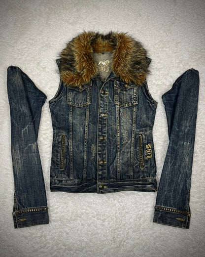 Lagust Studded Fur Collar Denim Jacket