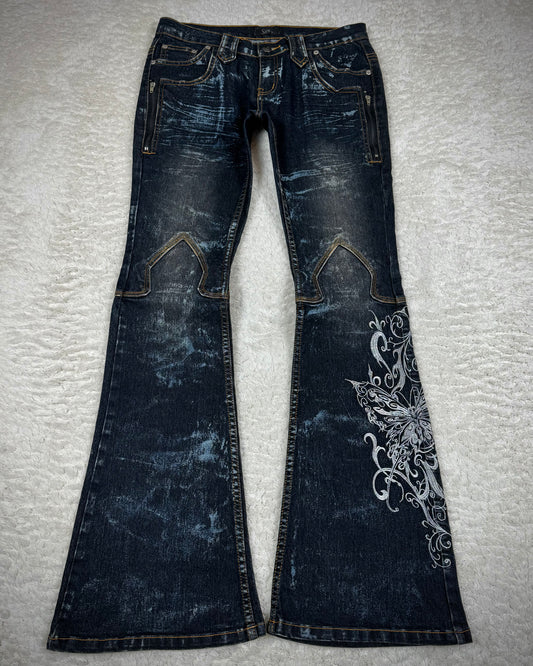 Sixh Tribal Tattoo Embroidery Flared Jeans