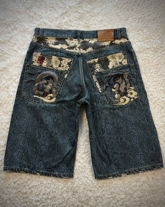 Karakuri Tamashii Python Pattern Floral Denim Shorts
