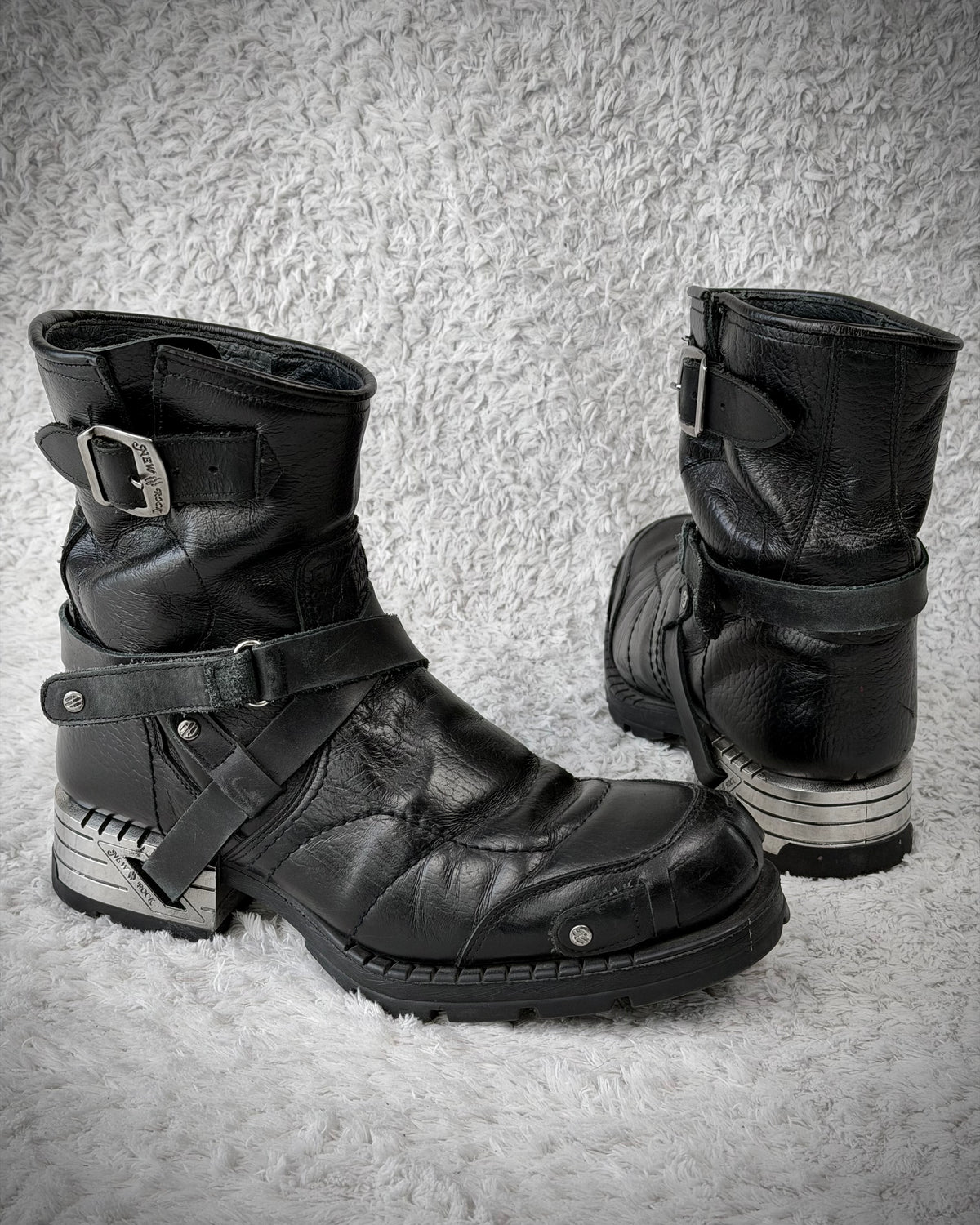 New Rock Steel Heel Belted Leather Boots