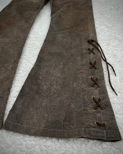 Tornado Mart Wood Textured Lace Up Flared Pants