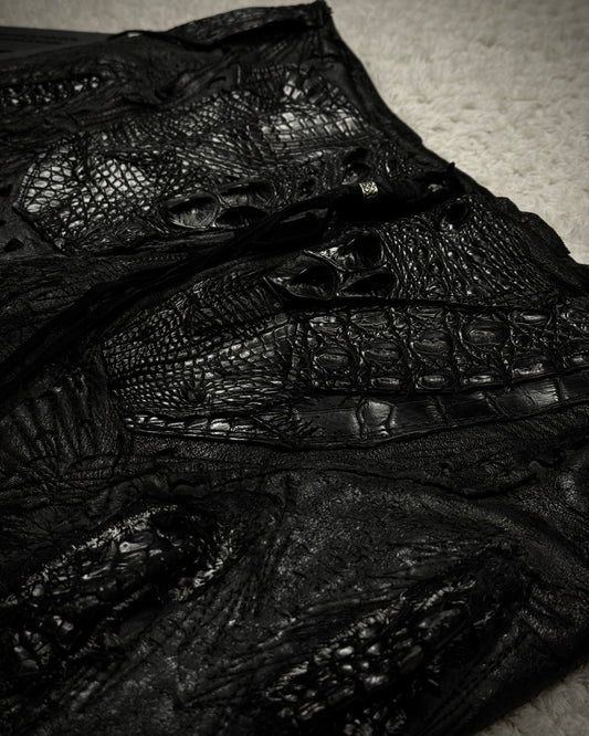 1vfudie “Noir” Scar Stitched Crocodile Leather Bell Bottom Flared Pants