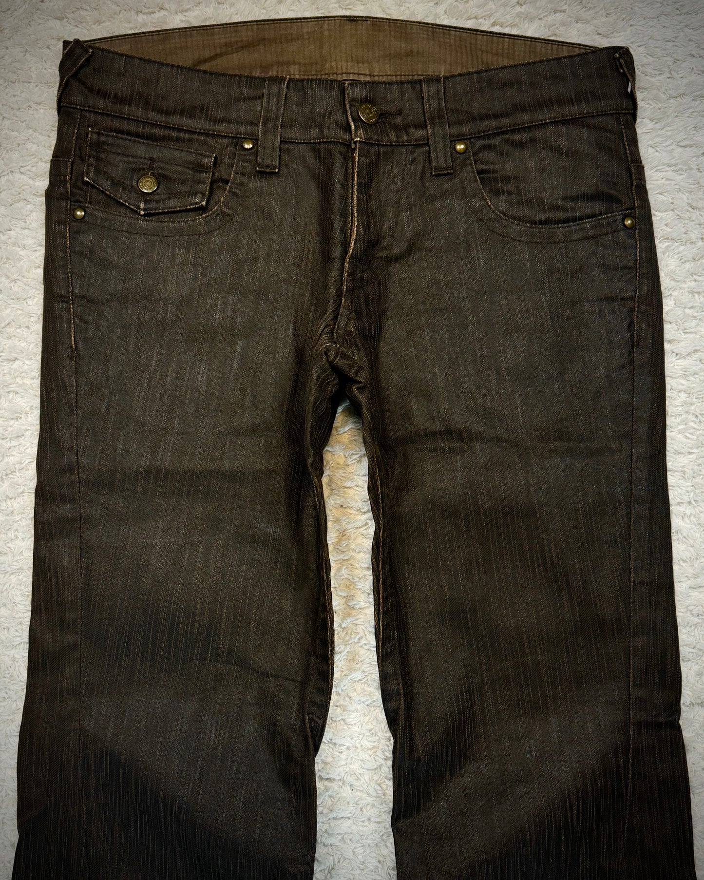 Tornado Mart Waxed Vintage Textured Spiral Flared Jeans