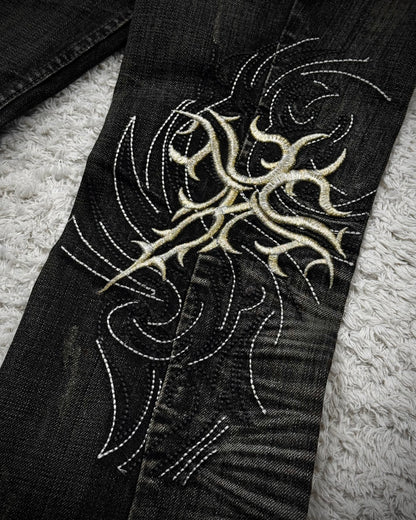 Tornado Mart Cyber Tribal Embroidery Flared Jeans