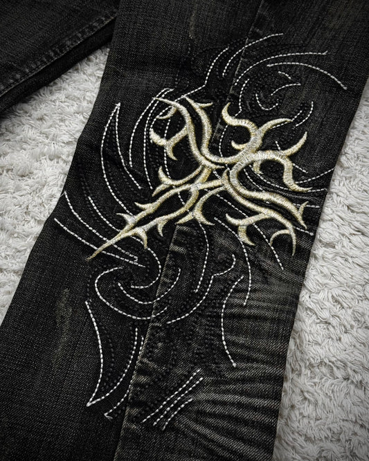 Tornado Mart Cyber Tribal Embroidery Flared Jeans