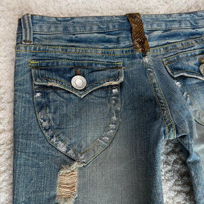 Silver Waxed Python Detailed Bootcut Lace Up Jeans