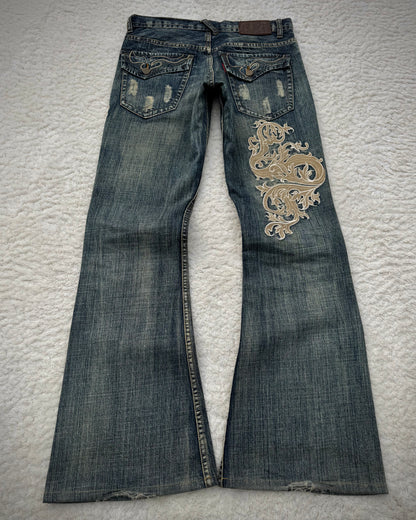 Tornado Mart Mud Wash Tribal Embroidery Flared Jeans