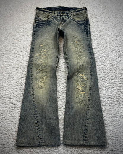 Tornado Mart Mud Washed Stitch Repaired Distressed Flared Jeans