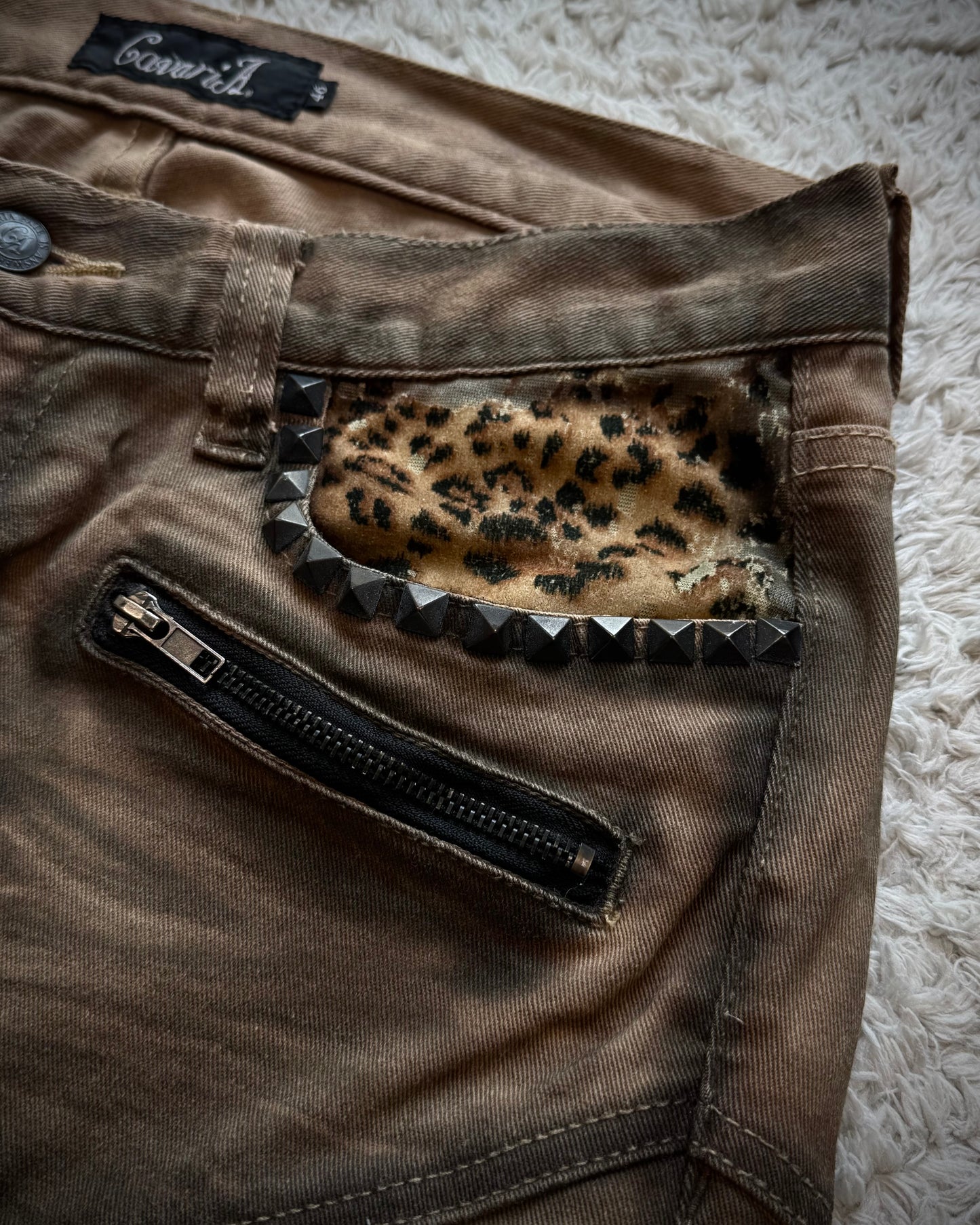 CavariA Leopard Gas Mask Cargo Pocket Flared Jeans