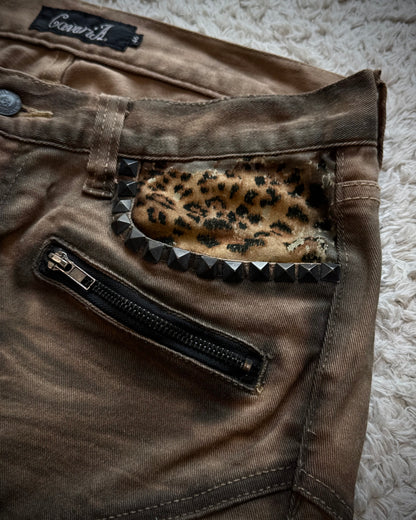 CavariA Leopard Gas Mask Cargo Pocket Flared Jeans